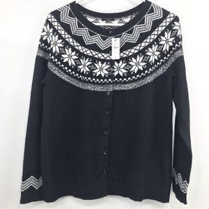 Talbots NEW Black Cardigan Sweater with White Nordic Snowflake Pattern